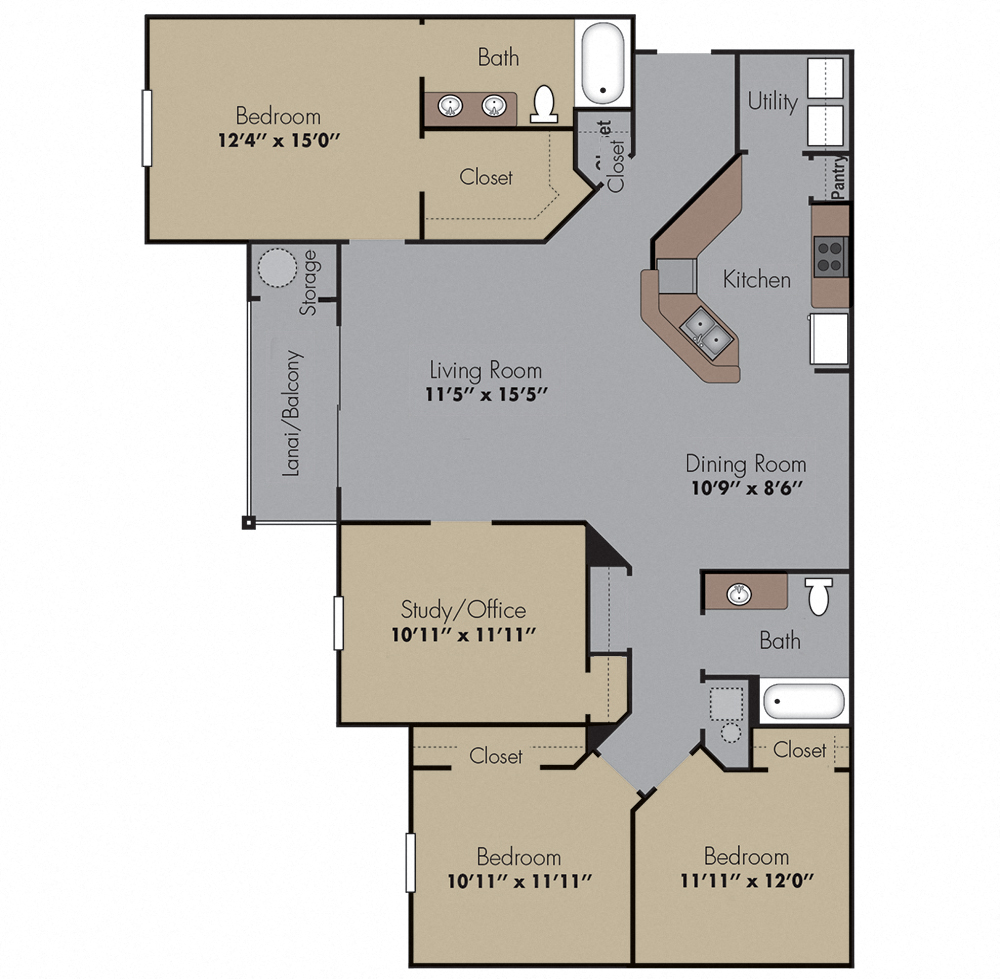 Floor plan for 3 beds, 2 baths, 1690 sqft